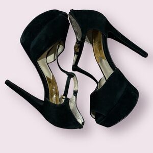 MICHAEL Michael Kors Black Suede Platform T-Strap Heels - Size 7